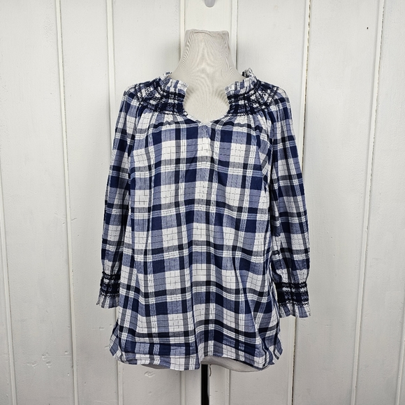 Talbots Tops - Talbots Boho Blue Blossom Plaid Smocked Blouse Women's Medium